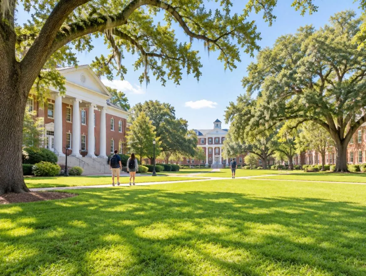 A sunlit campus quad under live oaks, with brick buildings, white columns and a few students walking far off in the distance.