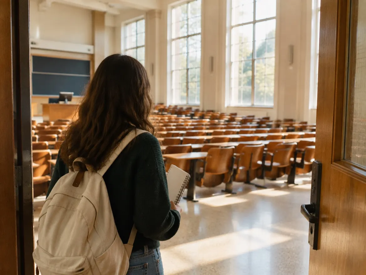 Seen from behind, a student with a canvas backpack pauses in a lecture-hall doorway on a bright morning, notebook in hand.