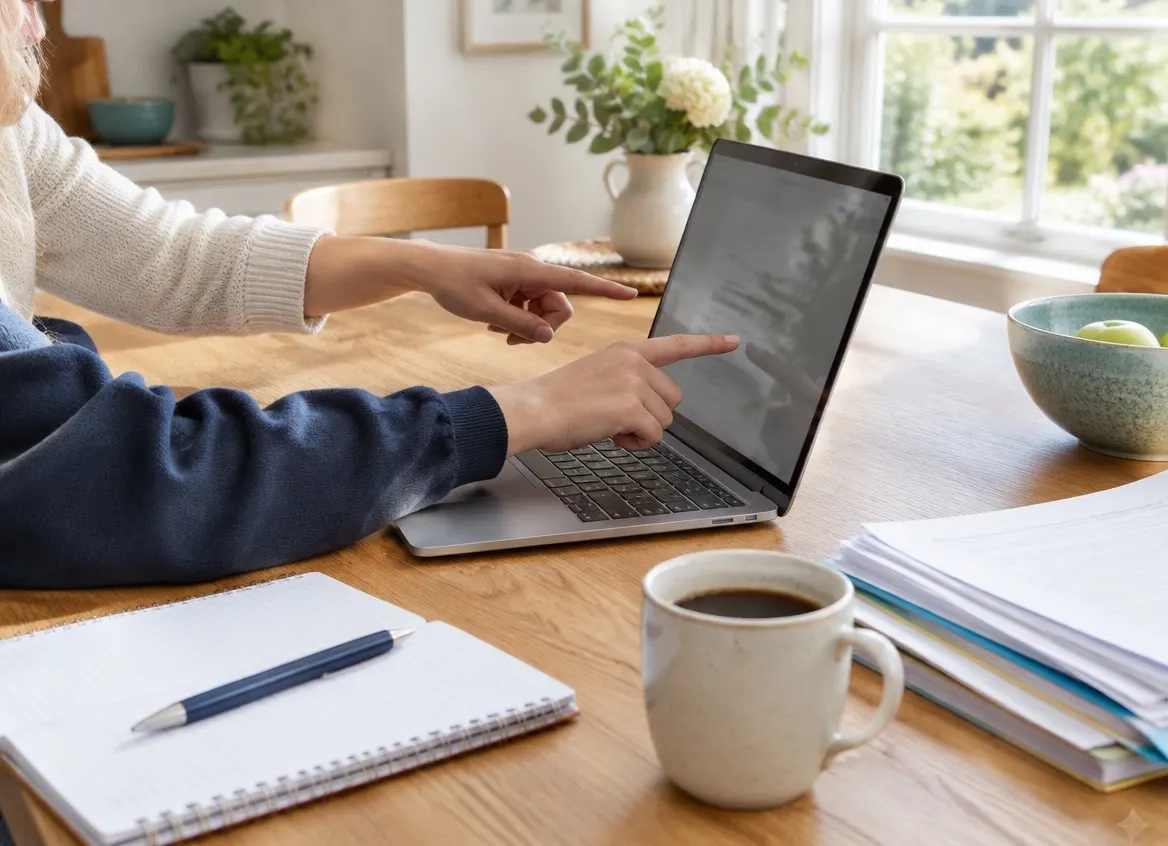 Two people's hands point at an open laptop on a wooden kitchen table, beside a notebook, a pen, a mug of coffee and a stack of papers, with a bright garden window behind.