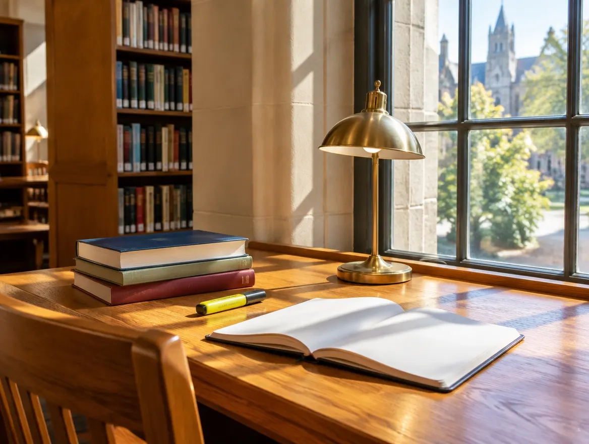 An open notebook, a highlighter and three stacked books on an oak library desk beside a brass lamp and a tall window.